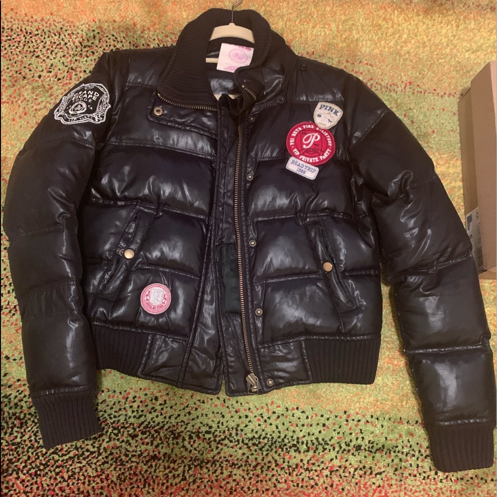 Victoria Secret Pink black puffer coat w/ patches